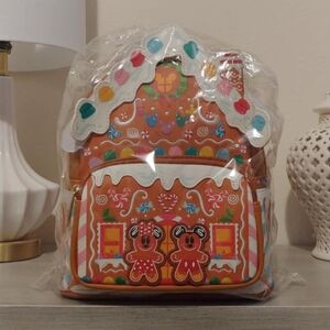 🎄FIRM! NWT DISNEY LOUNGEFLY MICKEY AND MINNIE MOUSE GINGERBREAD HOUSE MINI BACK